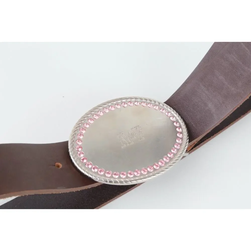 Abercrombie & Fitch Y2K Vintage Brown Leather Belt Pink Rhinestone Oval Buckle S